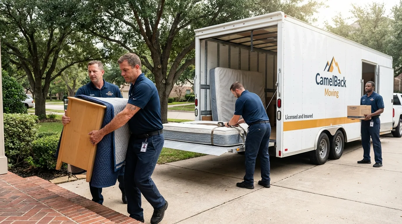 Crew loading residential truck for cross-state move from Sulphur, LA