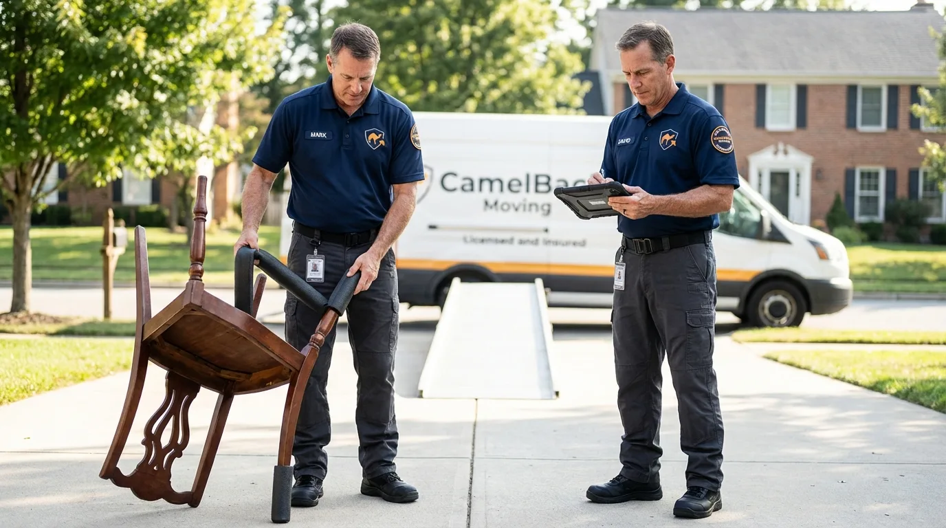 Movers inspecting furniture for damage prevention before loading in Sulphur, LA