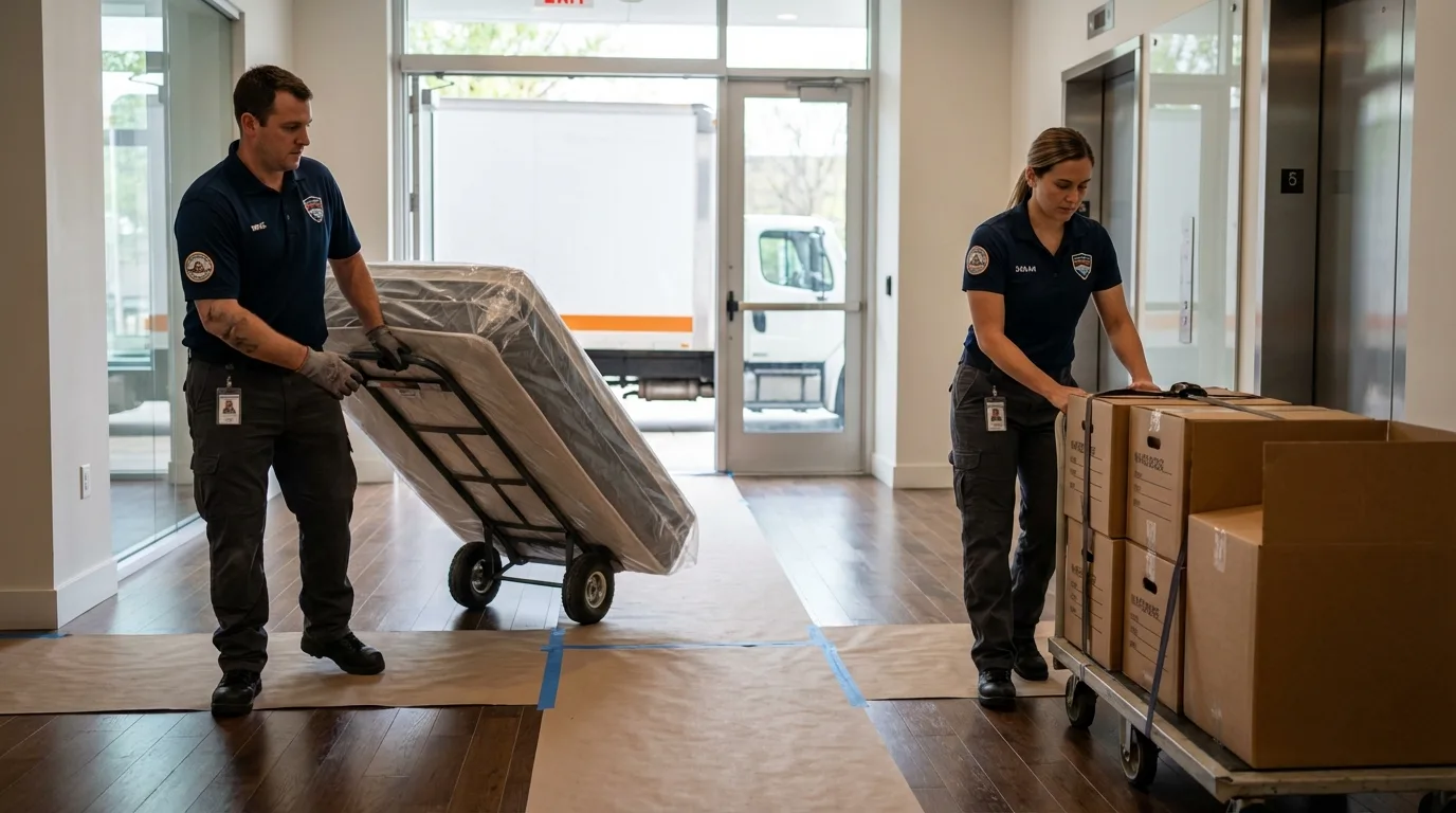 Professional apartment movers loading elevator in Sulphur, LA