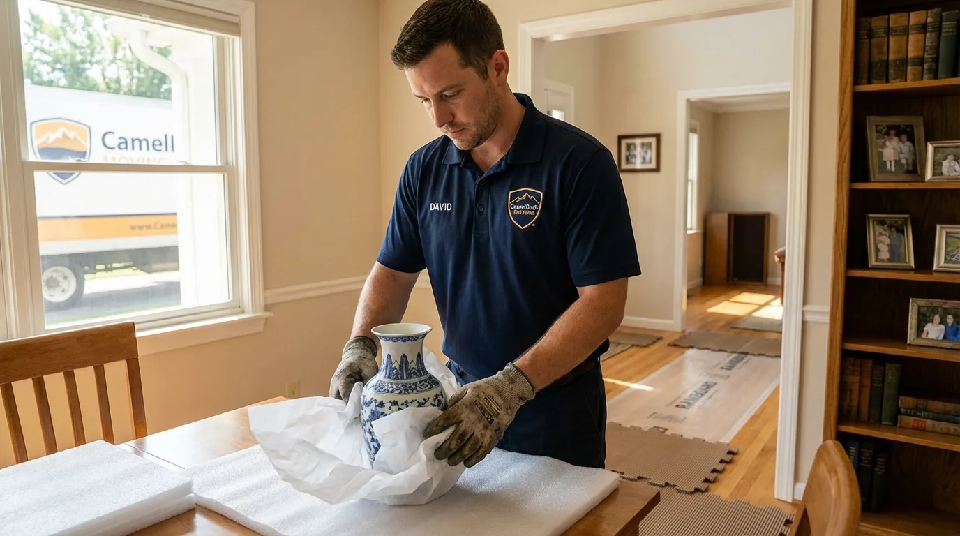 Professional crew carefully wrapping antique vase for senior downsizing move in Sulphur, LA