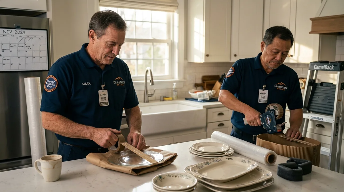Professional crew packing kitchen dishware in Sulphur, LA